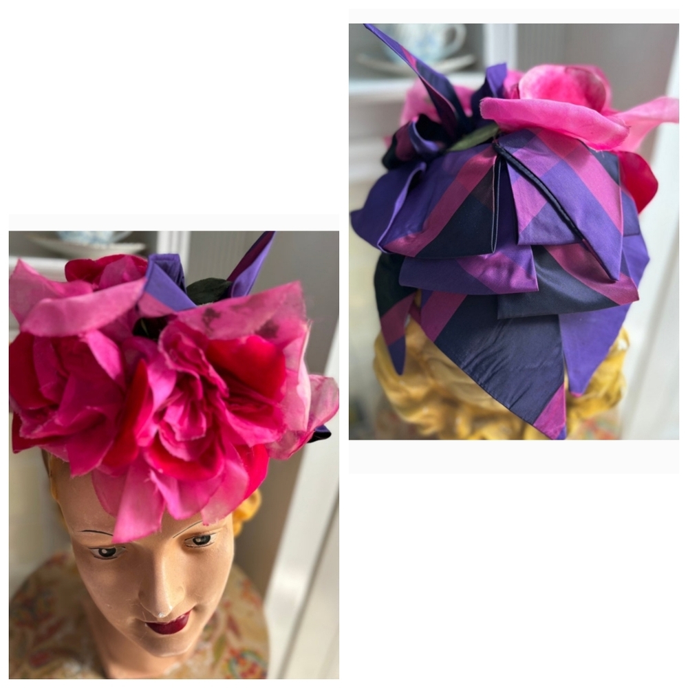 True Vintage 1940s Pink And Purple Floral And Stripe Bow Hat Fascinator